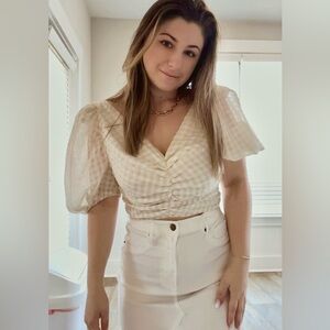 Vestique Cream Checkered Puff Sleeve Blouse